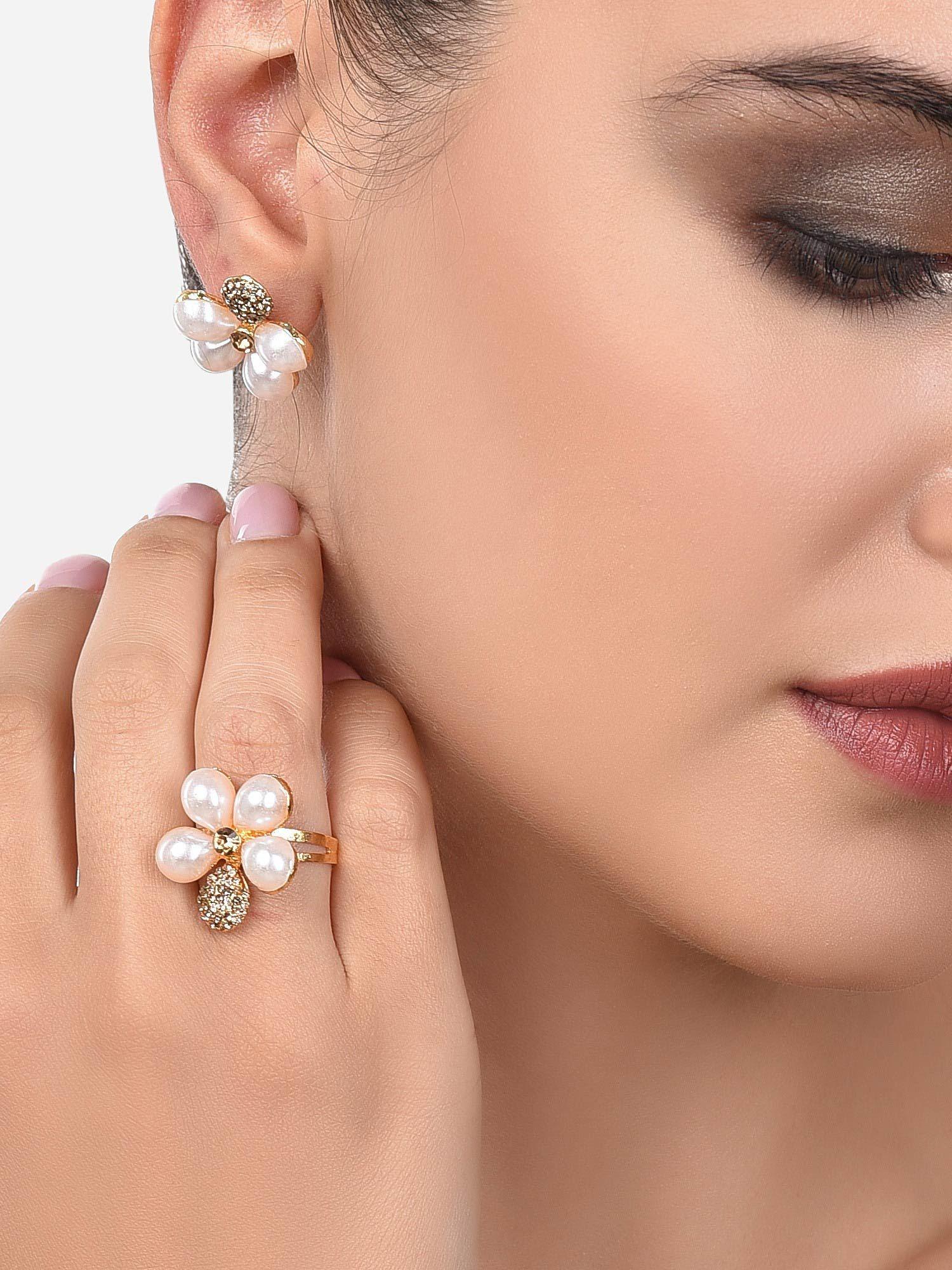 gold tone austrian diamonds & pearls flower stud earring & ring-zpfk14409 (set of 2)