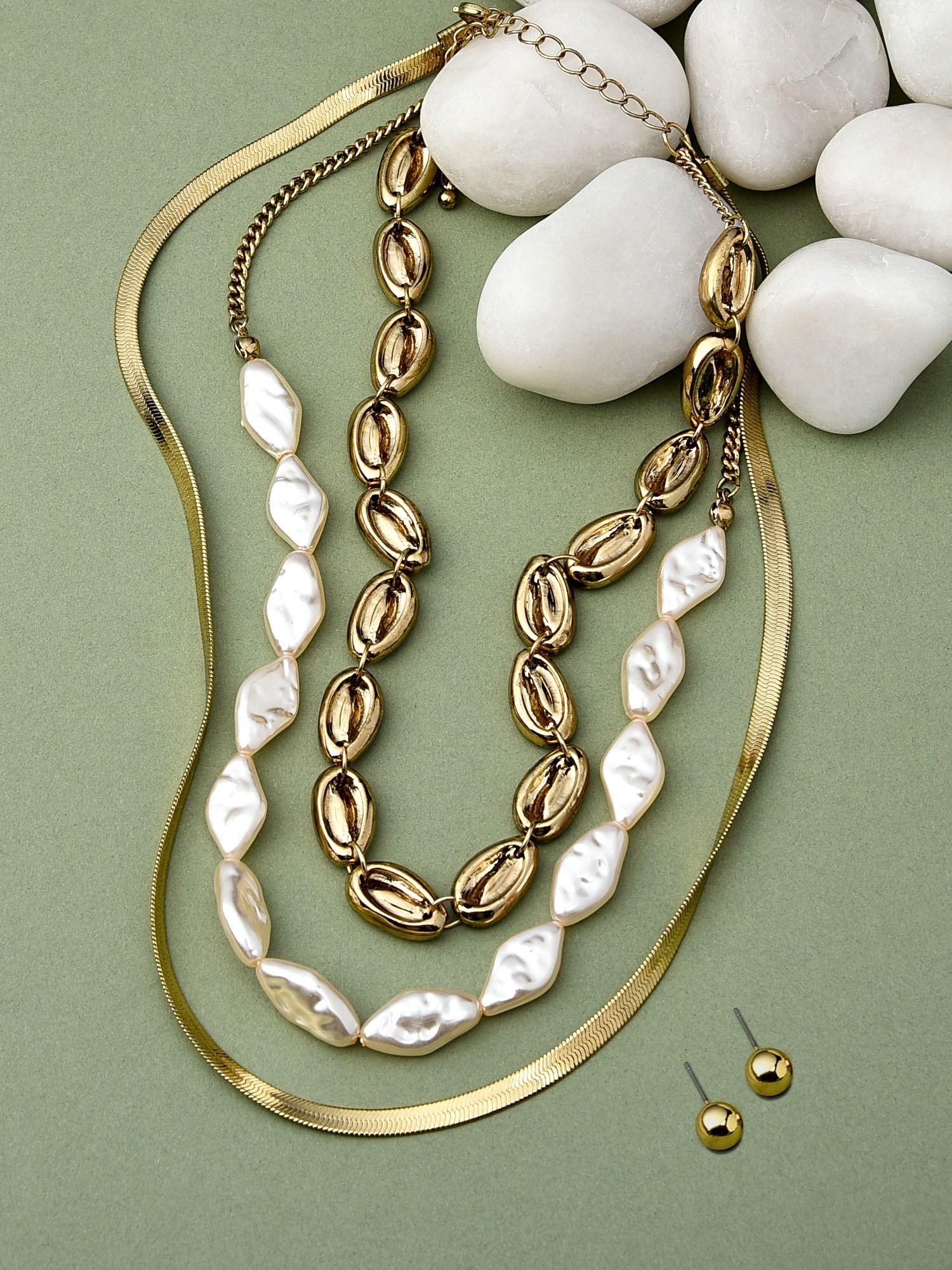 gold tone classy cowrie sell necklace studs earring set