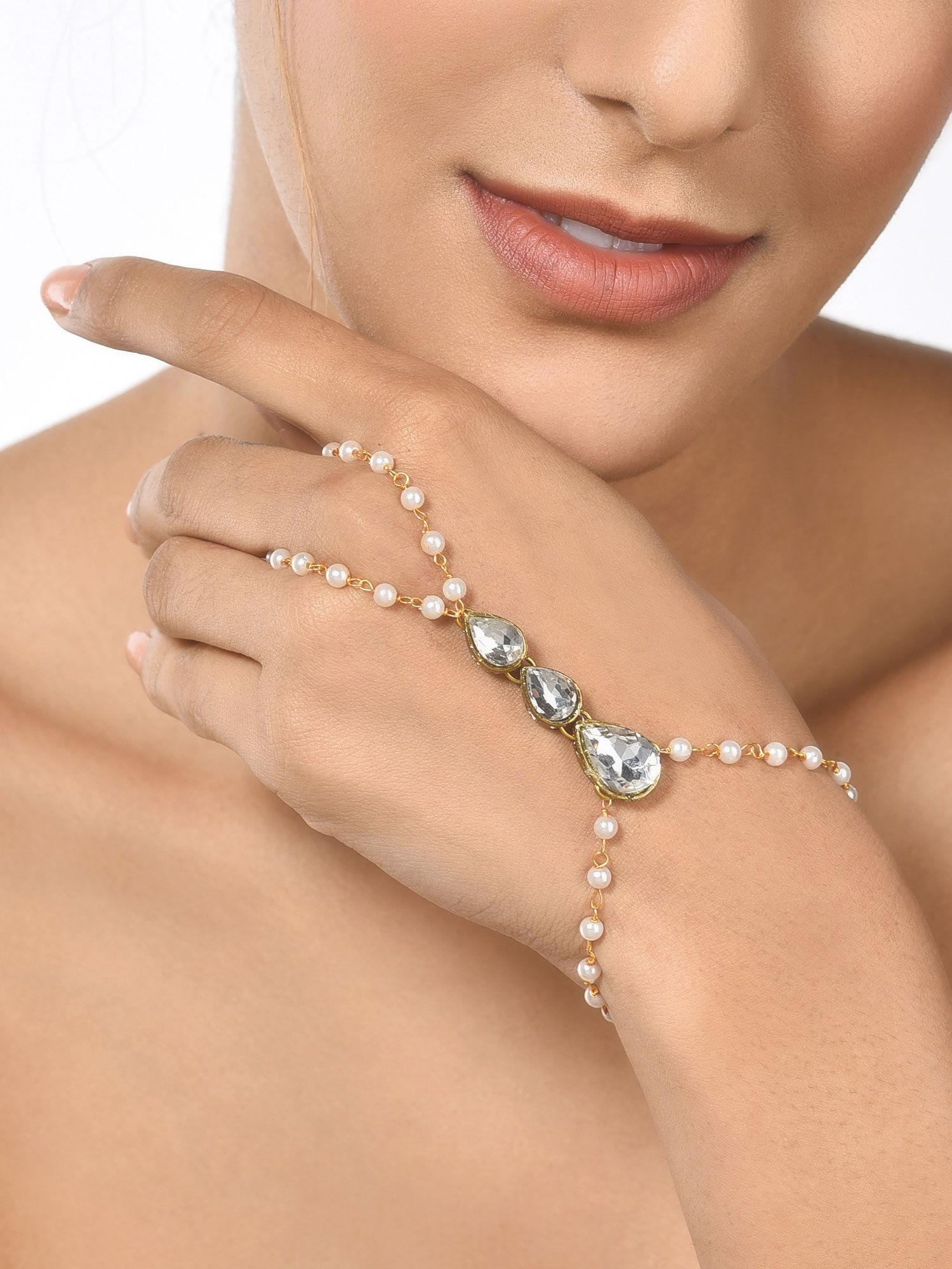 gold tone dazzling tilak stones & pearls chain ethnic ring bracelet-zpfk10452