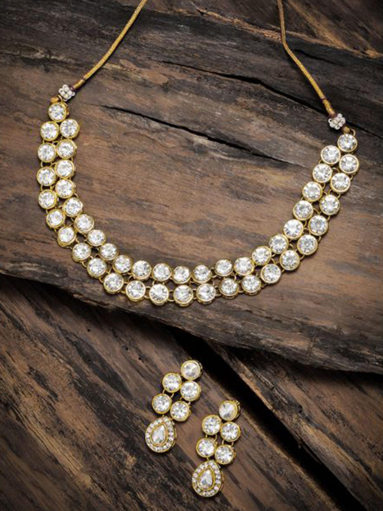 gold tone ethnic choker stones studded necklace set