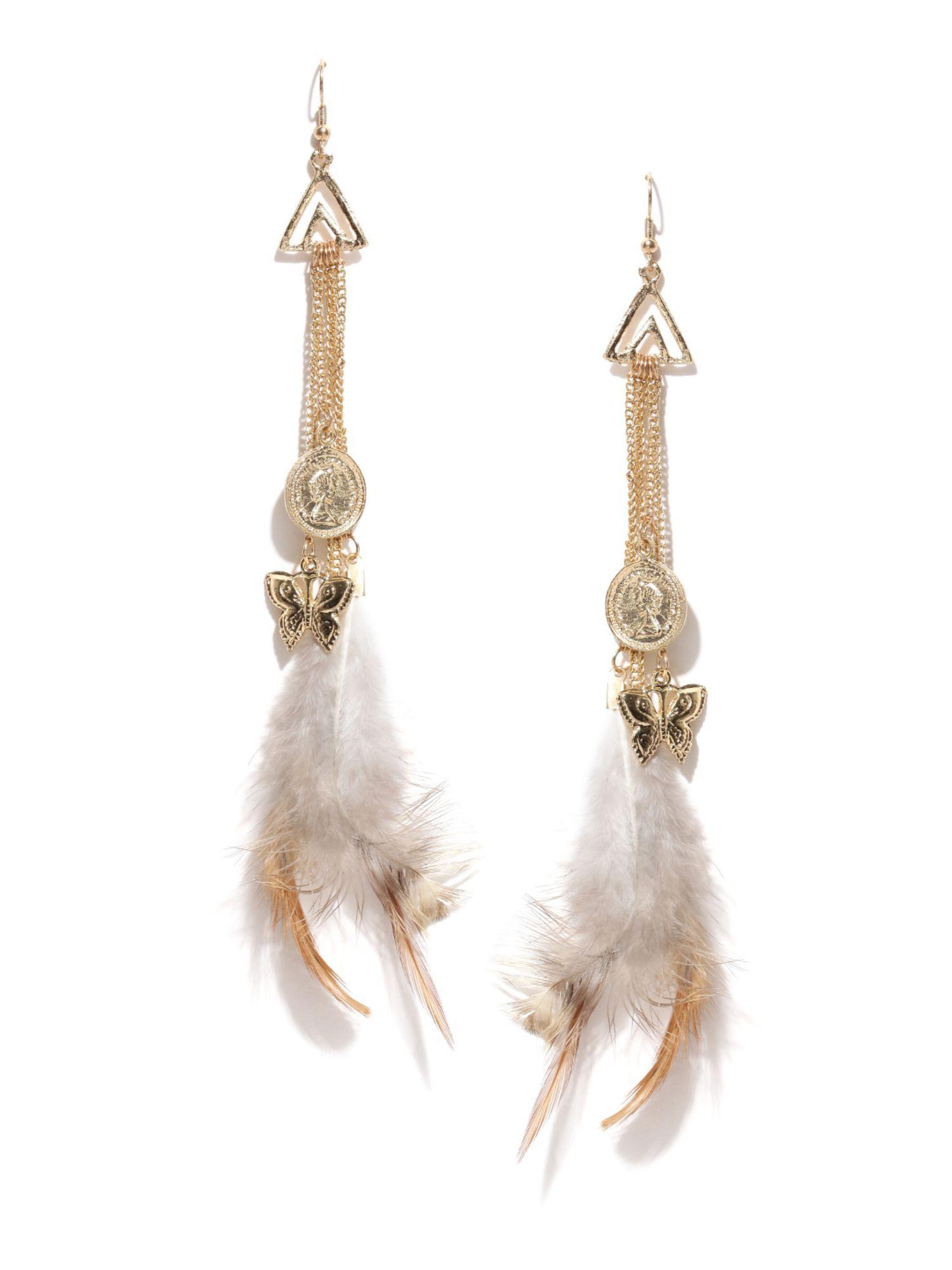 gold tone feather & charms drop earrings