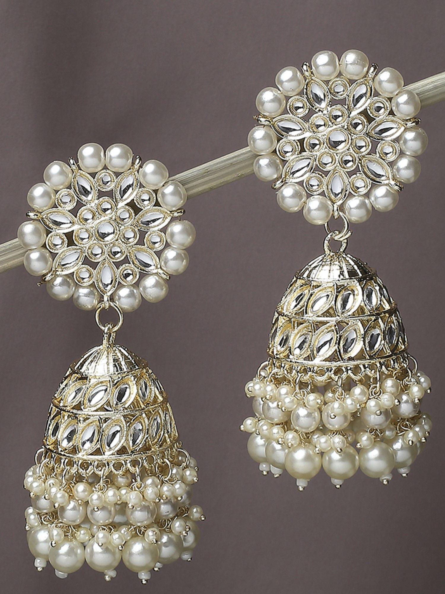 gold tone jadau kundan & pearls large ethnic jhumka earrings for women & girls