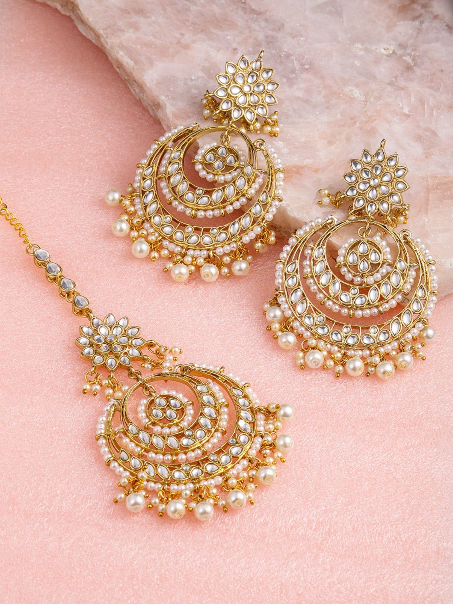 gold tone kundan & pearls traditional earring & maang tikka set