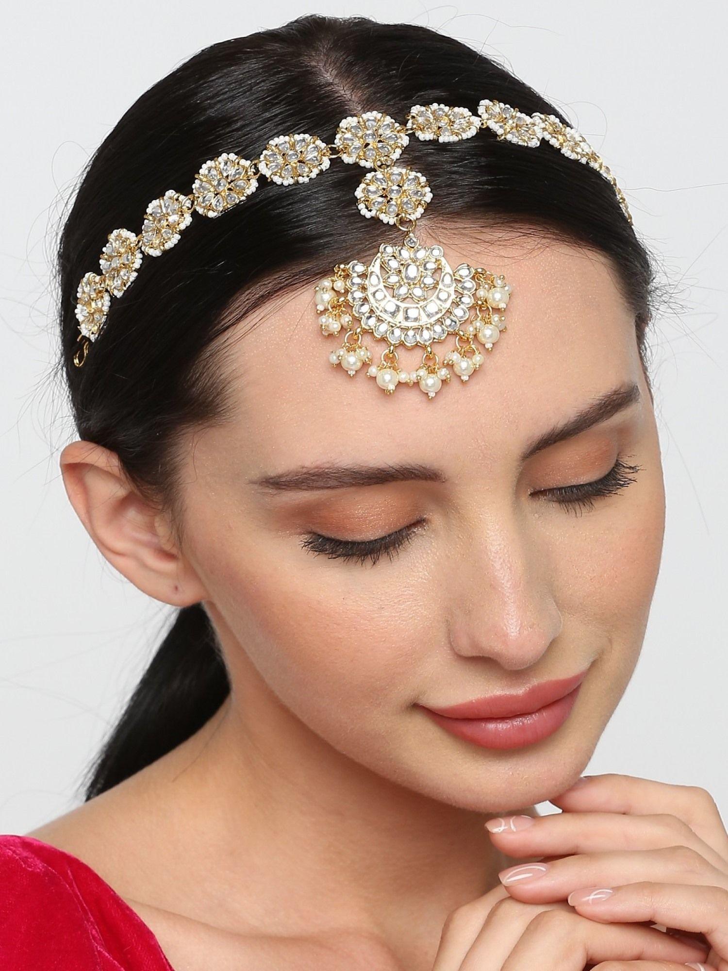 gold tone kundan & pearls wedding bridal sheeshphool mathapatti