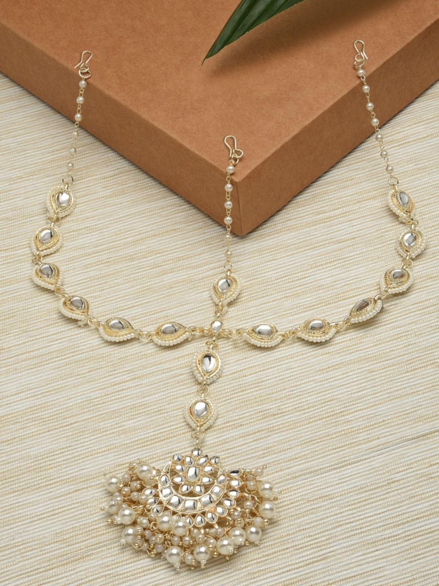 gold tone kundan and pearls bridal mathapatti style maangtikka-zpfk12192