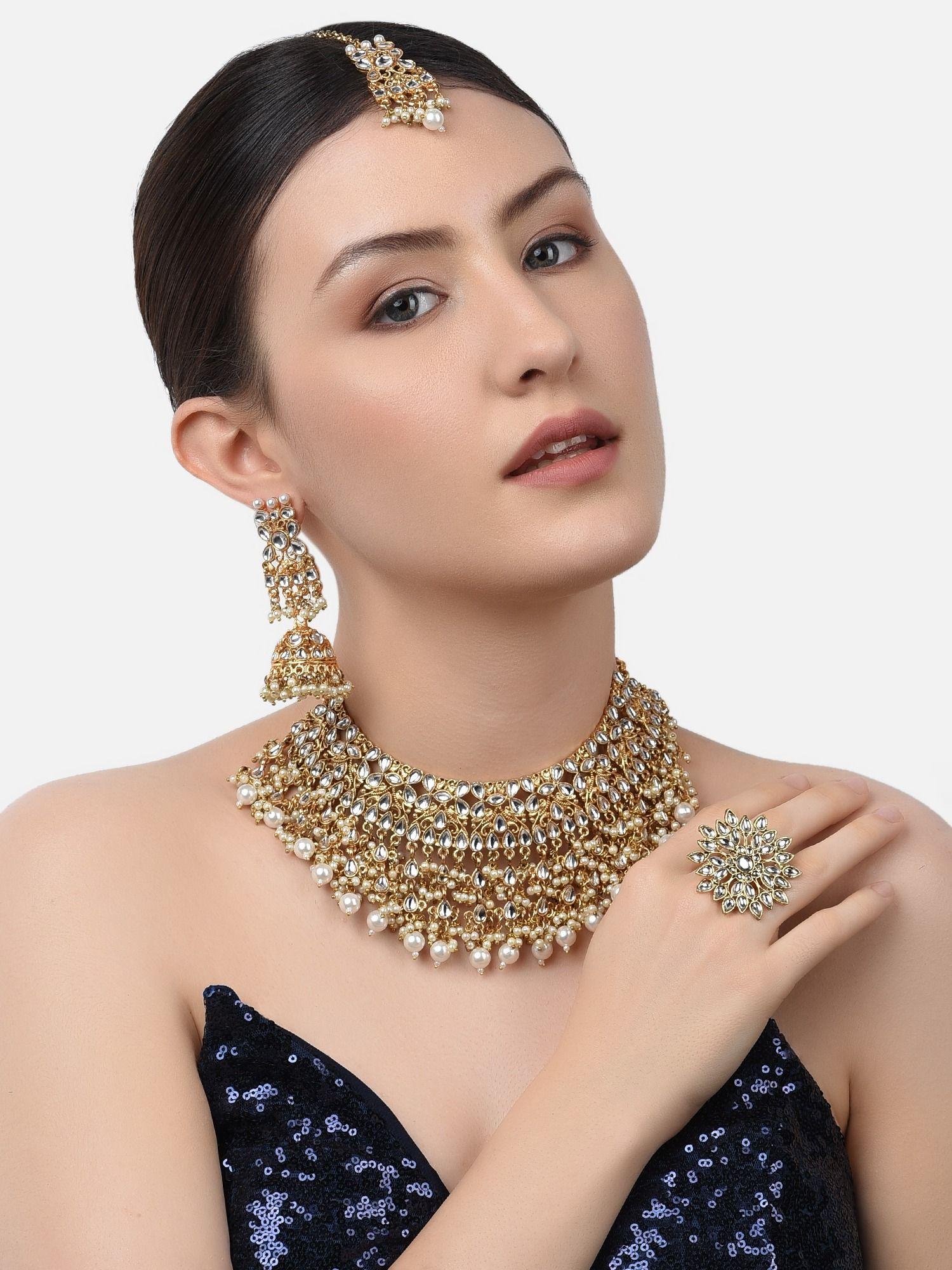 gold tone kundan choker necklace earring maangtikka & ring set-zpfk10799