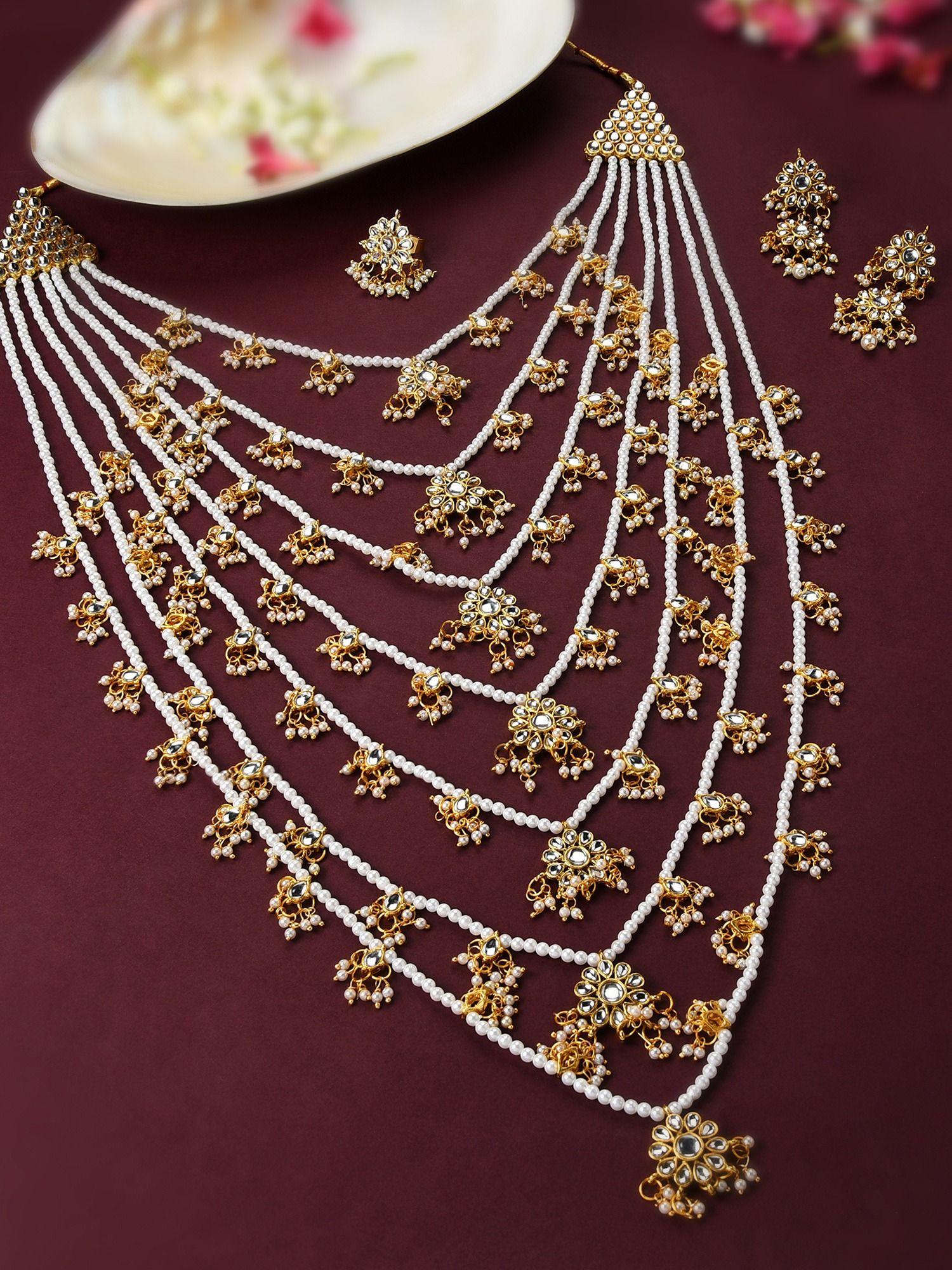gold tone layered kundan & pearls bridal long necklace earring & ring set-zpfk10817