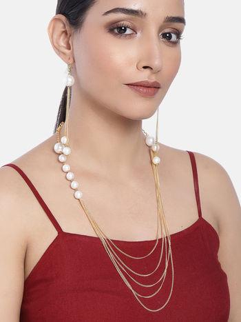gold tone multi layered pearls contemporary necklace & earring set-zpfk10407