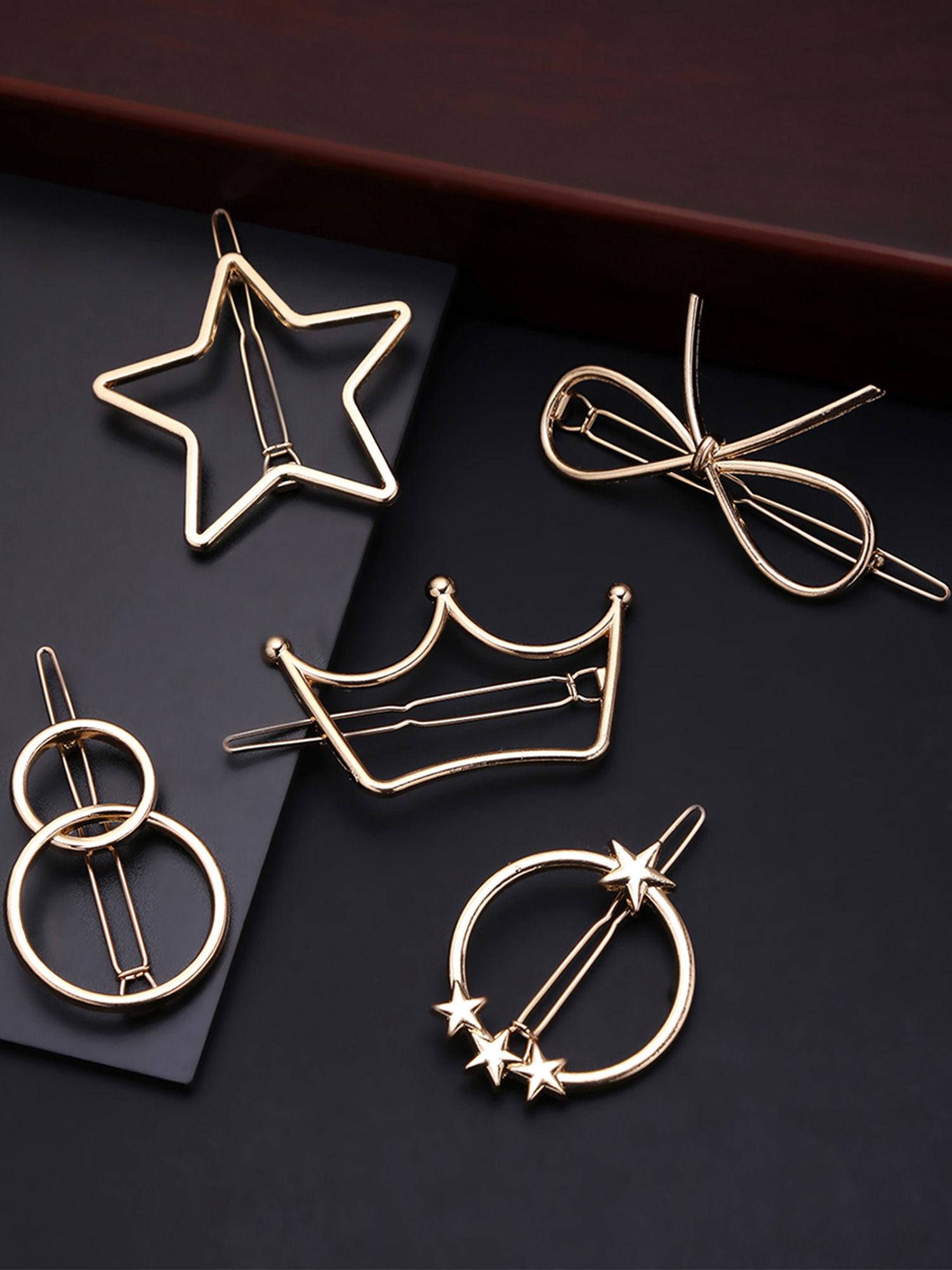 gold-toned set of 5 embellished crown star bow bobby pins