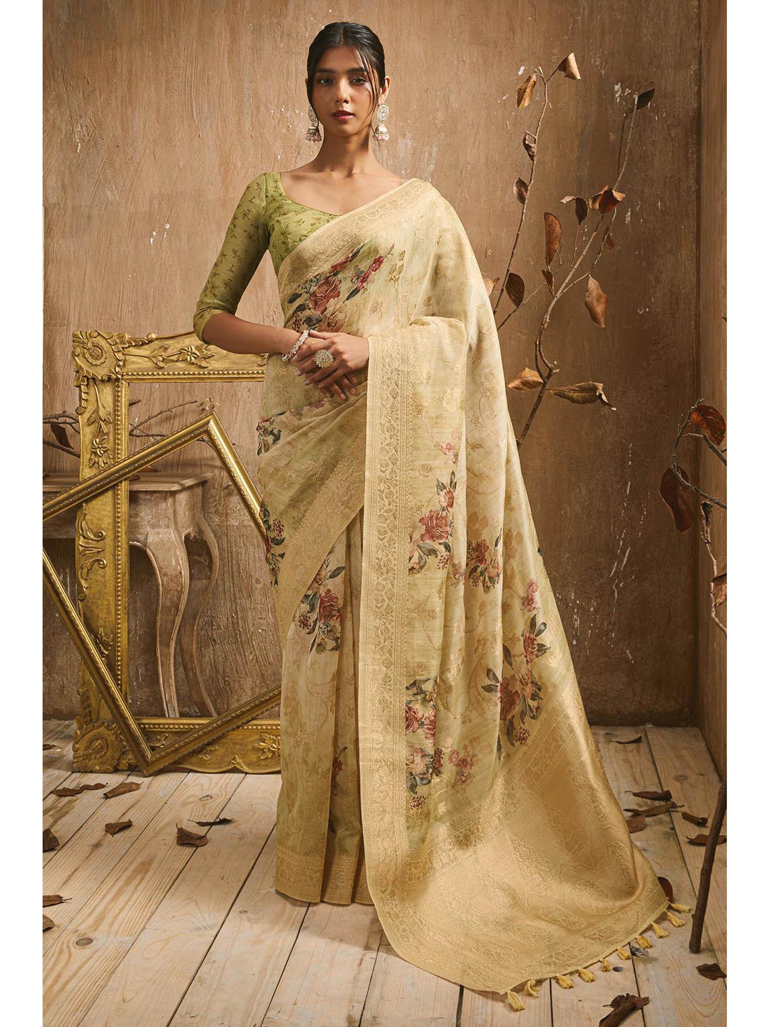 gold tussar silk floral print and zari woven designs saree with unstitched blouse