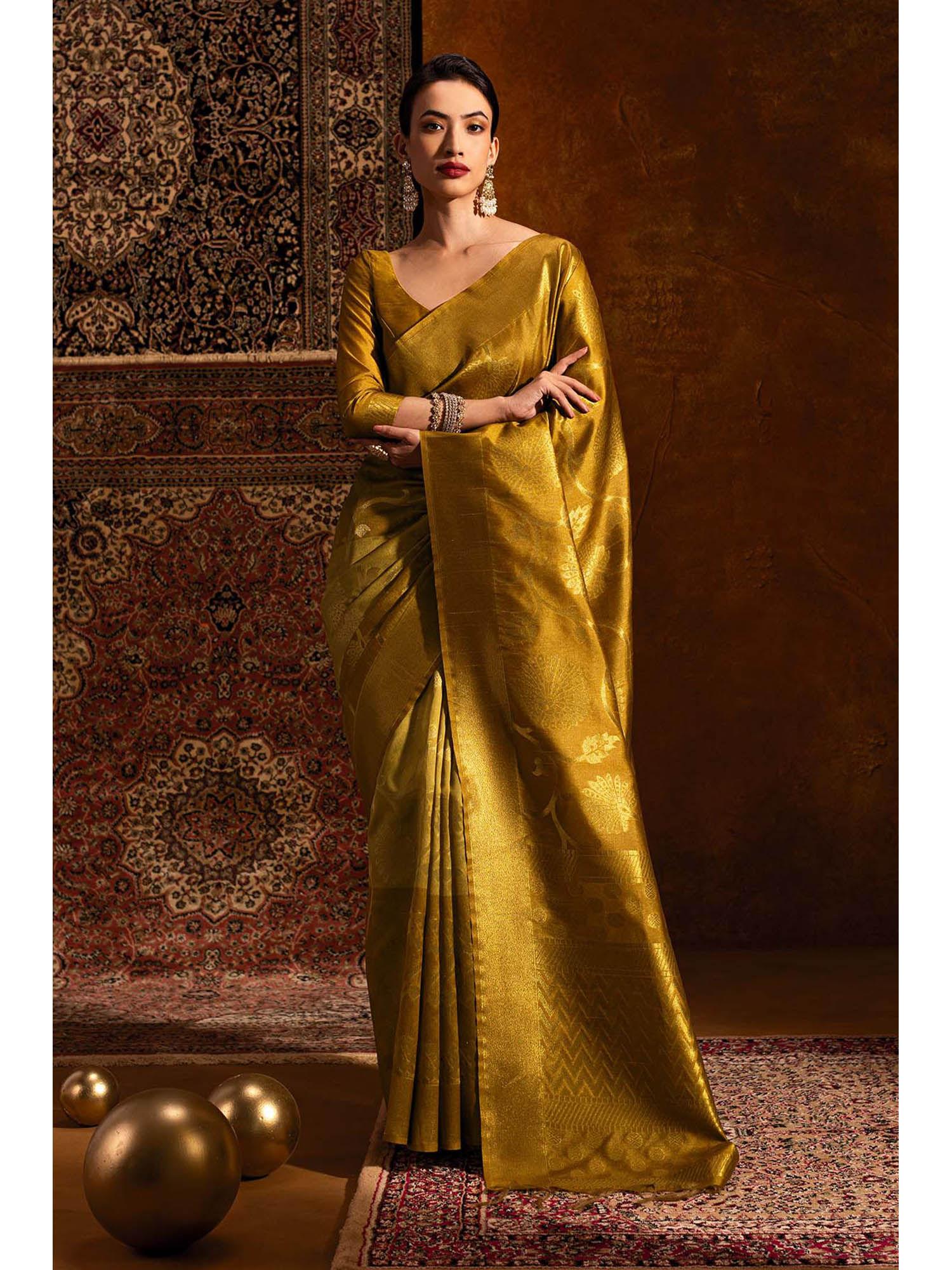 gold tussar silk zari woven floral and foliage designs saree with unstitched blouse