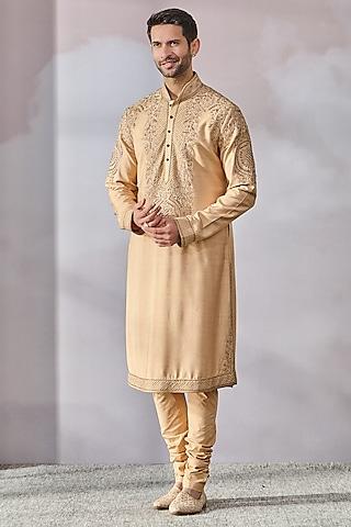 gold tussar viscose slub hand embroidered kurta set