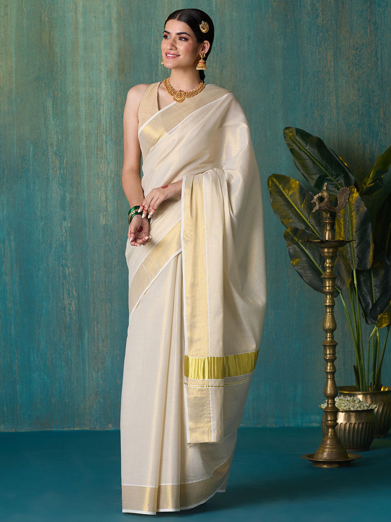 gold tyohar kasavu cotton zari saree with running blouse liksar125 (free size)