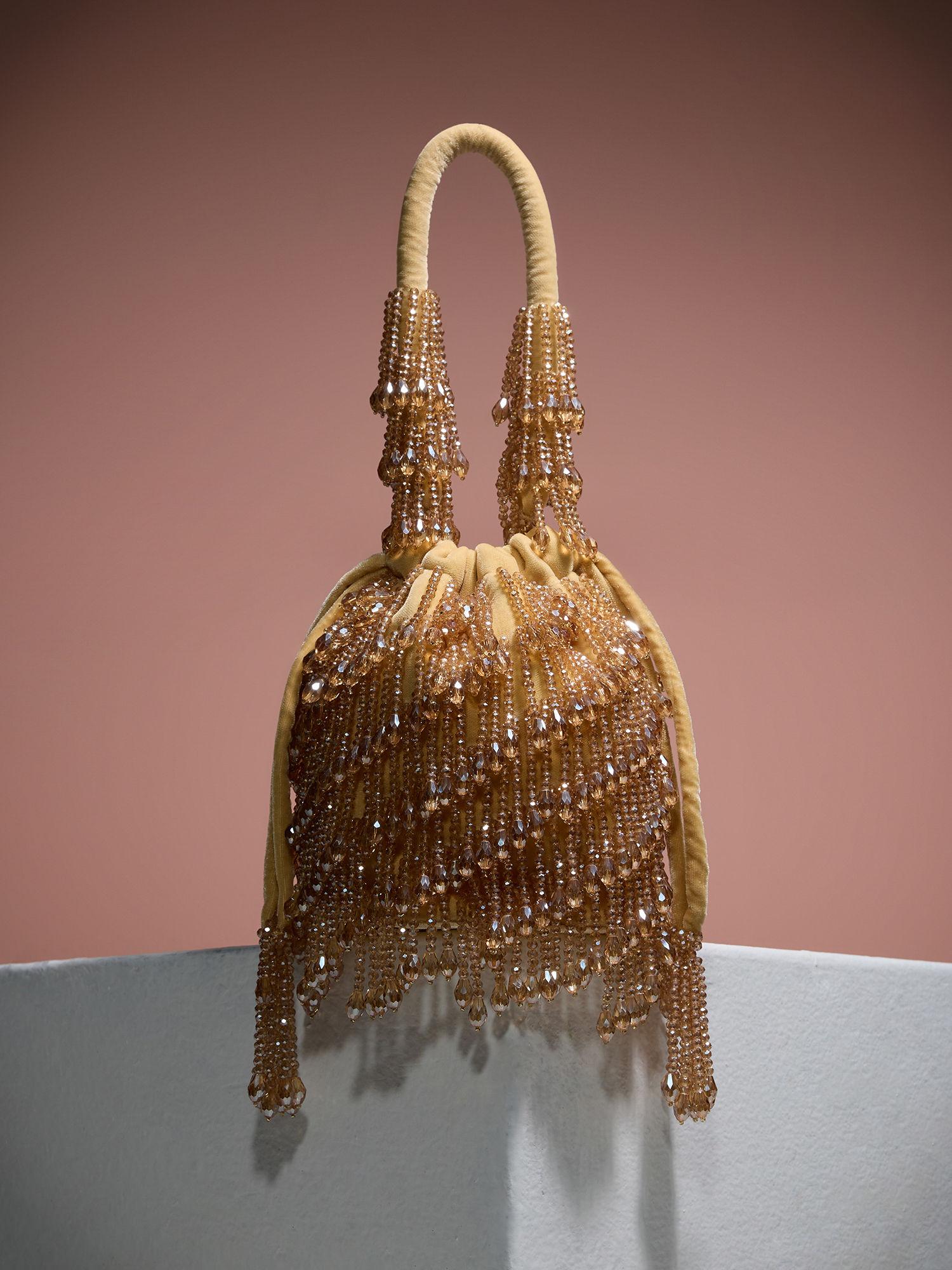 gold velvet handcrafted crystal tassel potli ggbag10 (one size)