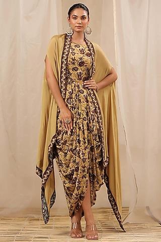 gold viscose crepe printed gown with cape