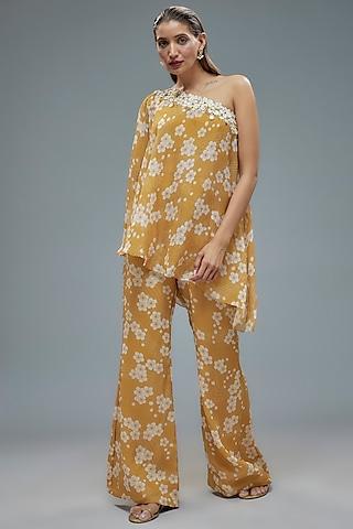 gold viscose organza floral printed one-shoulder kaftan set