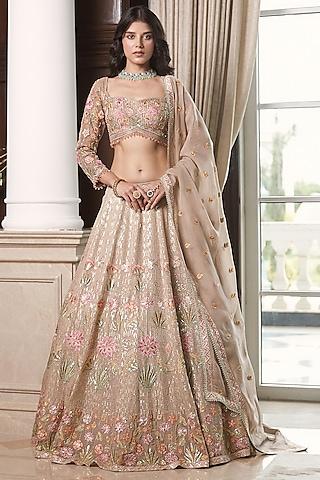 gold viscose organza resham embroidered lehenga set