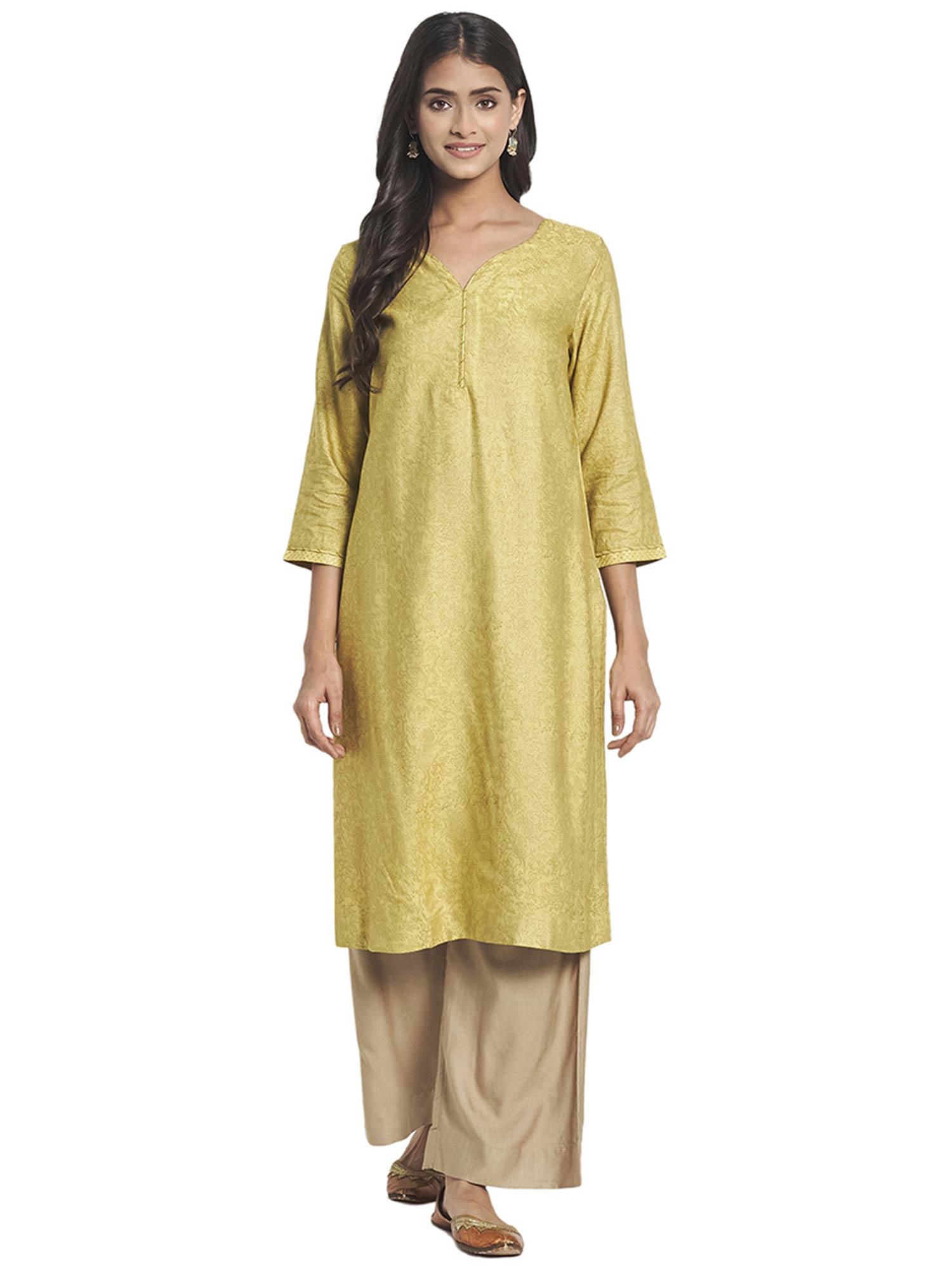 gold viscose silk printed knee length kurta