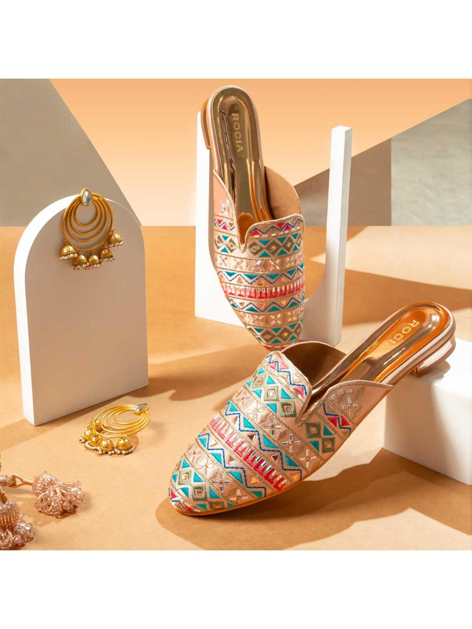 gold women hand embroidered mules