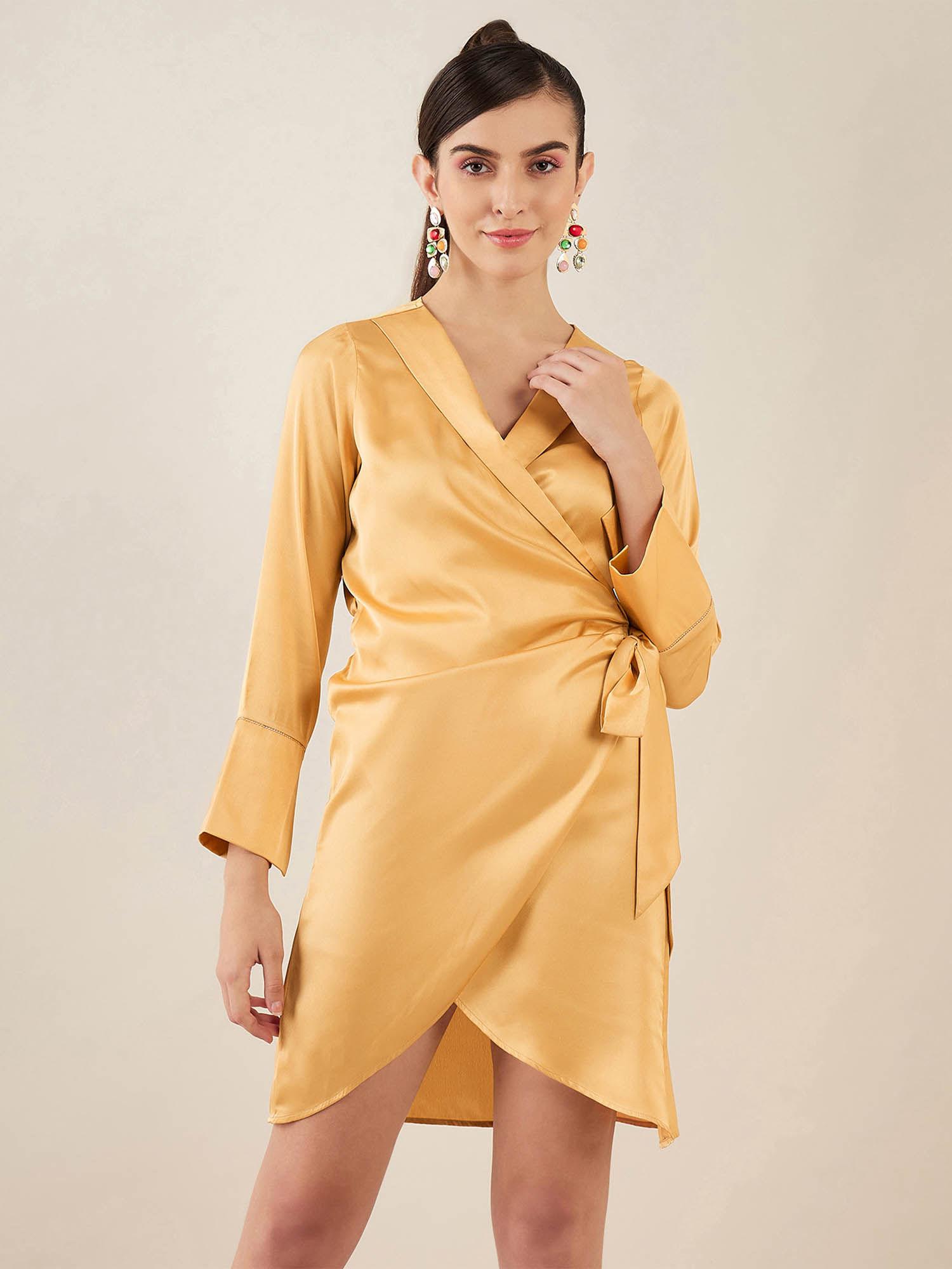 gold wrap around embellished satin short dress