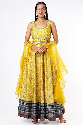 gold yellow embroidered & printed anarkali set