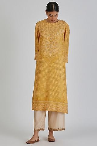 gold yellow silk bandhani motifs embroidered kurta set