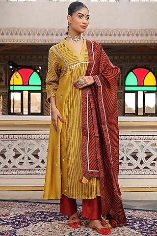 gold yellow silk chanderi zardosi handwork & block printed kurta set