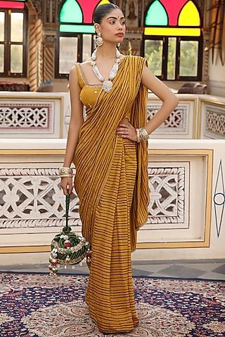 gold yellow silk chanderi zardosi work & stripe printed saree set