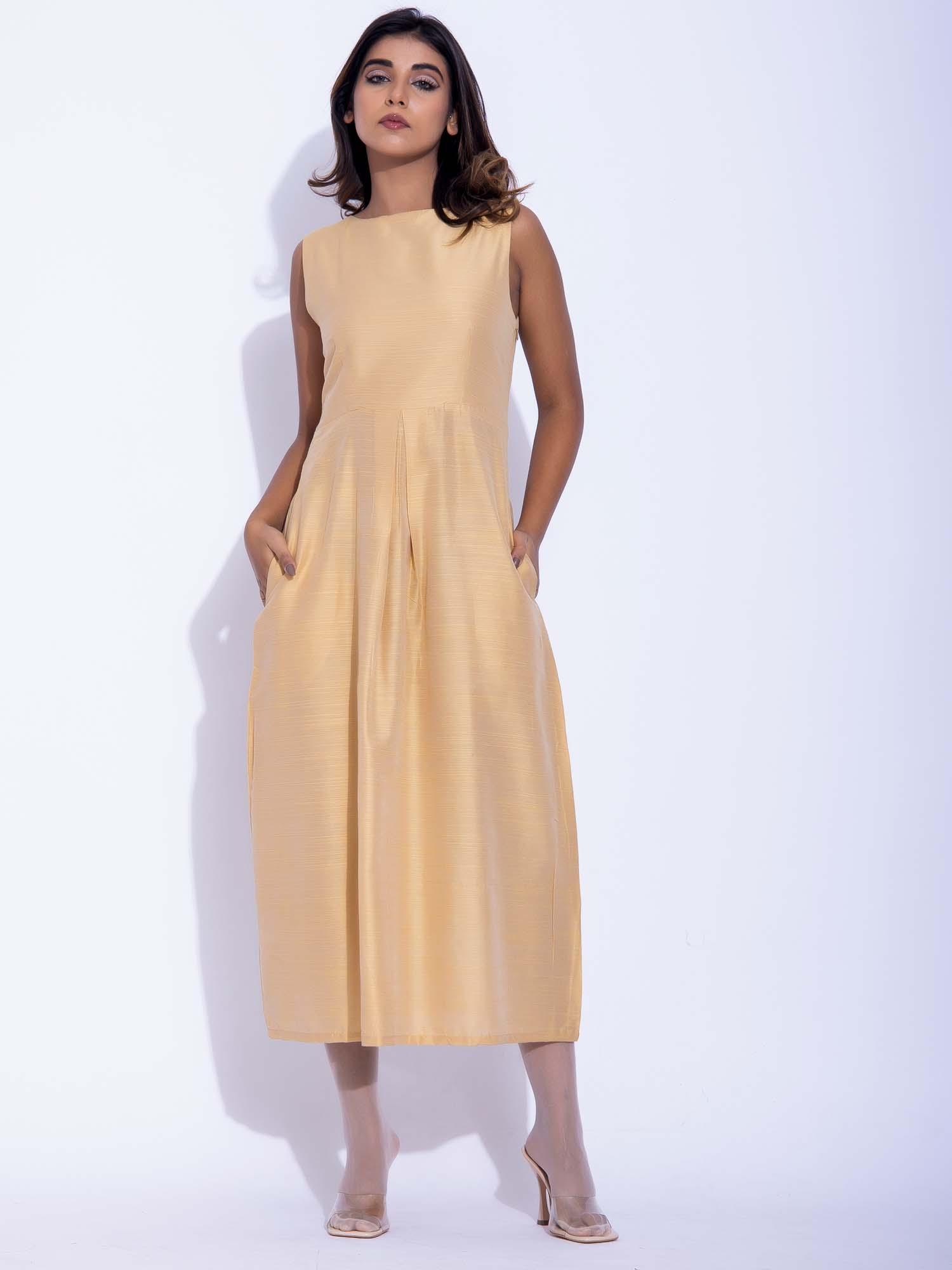 gold yellow sleeveless front box pleate midi dress