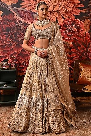 gold zari brocade printed & embroidered lehenga set