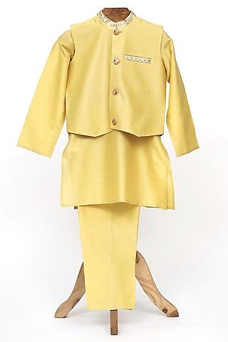 golden cotton silk nehru jacket set for boys