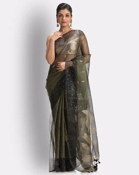 golden grey art silk muslin handloom jamdani saree with blouse piece