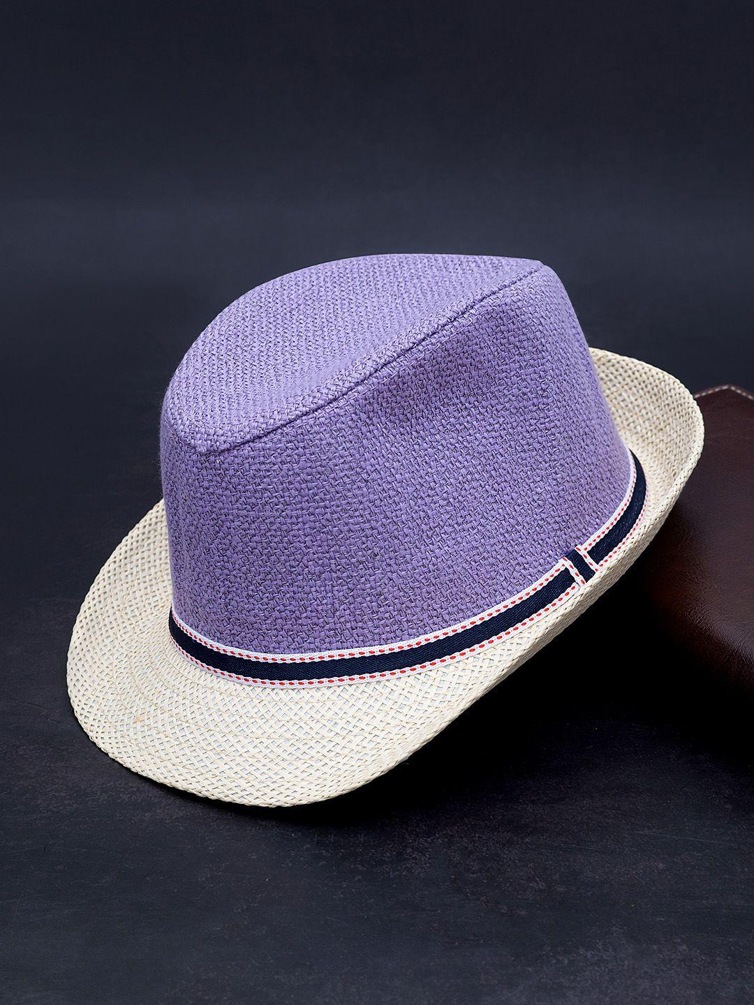 golden peacock boys purple & beige woven-design straw hat with band
