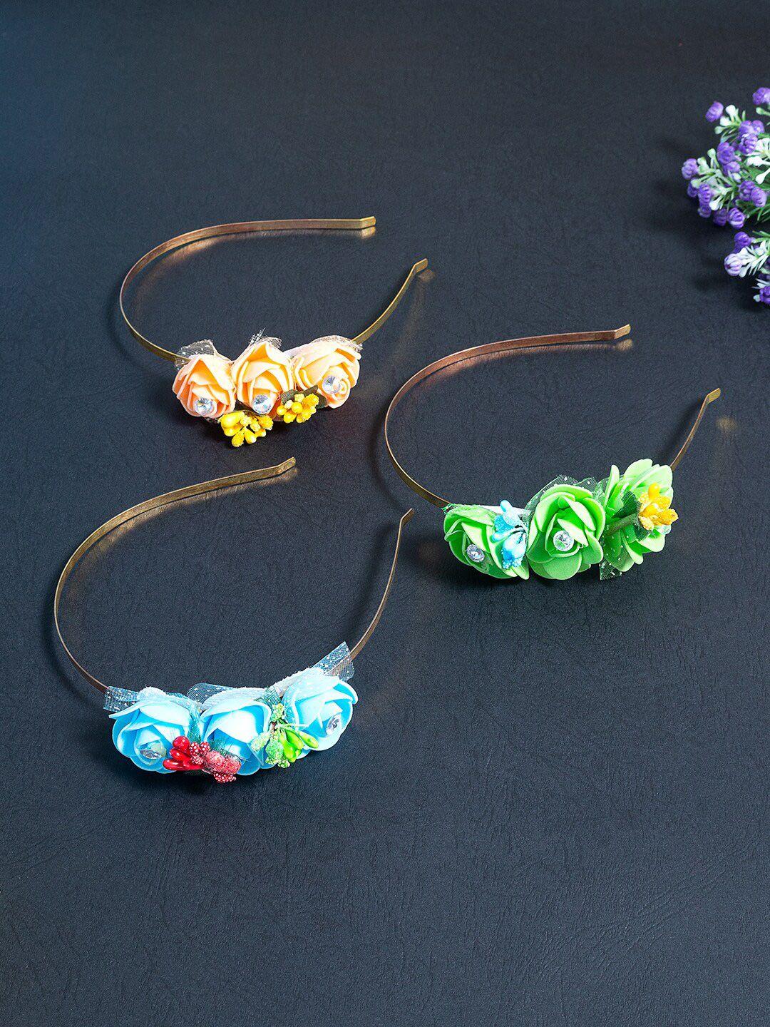 golden peacock women gold-toned set of 3 floral embellished hairband