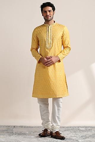 golden yellow blended cotton embroidered kurta set