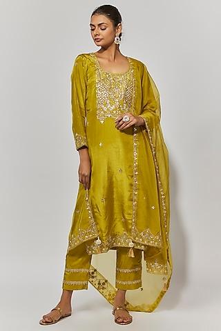 golden yellow silk gota patti hand embroidered kurta set
