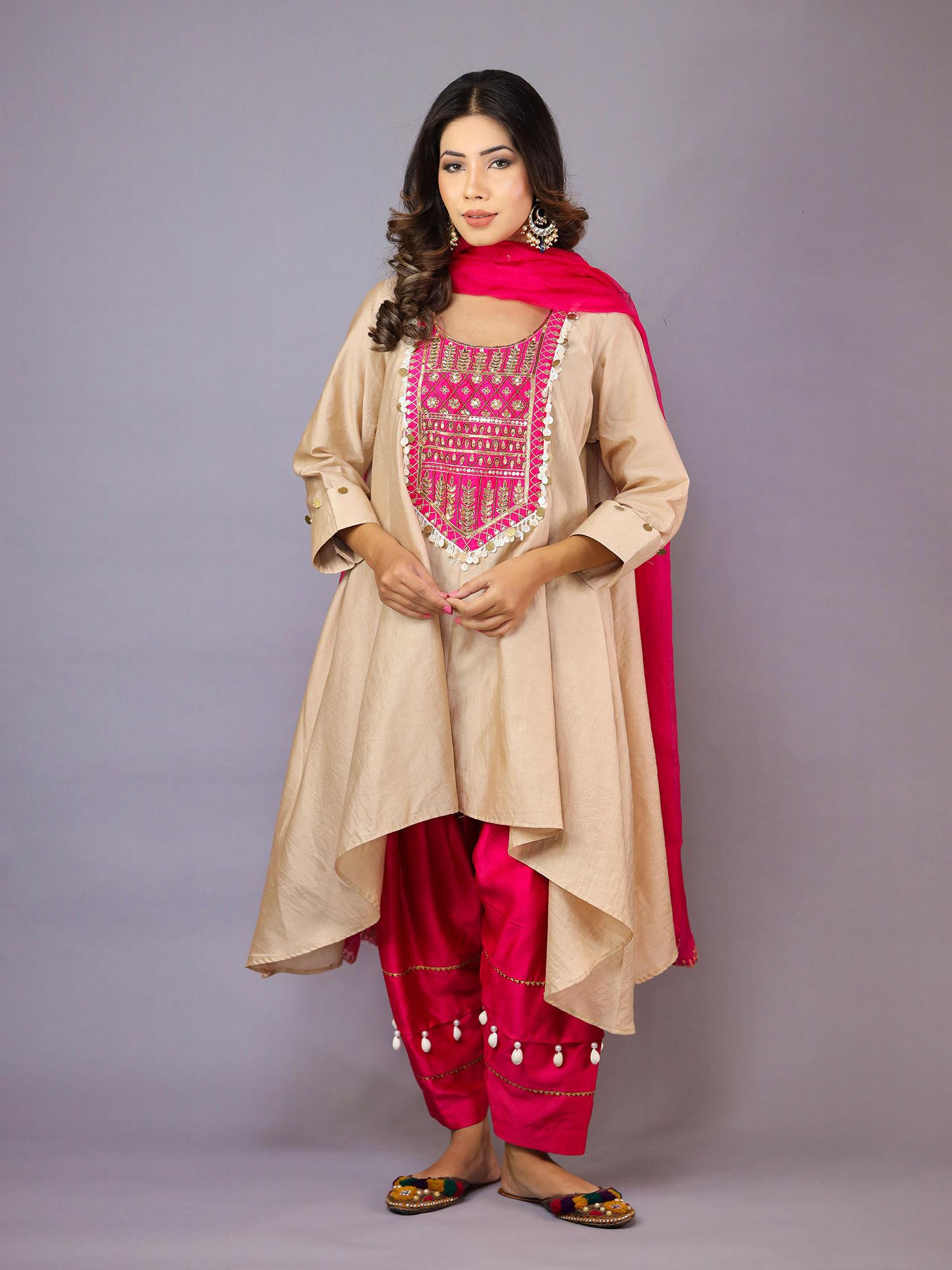 golden beige and pink kurta with pant and dupatta (set of 3)