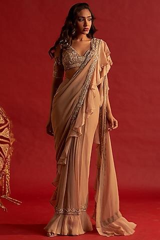 golden beige georgette embellished pre-stitched ruffled saree set