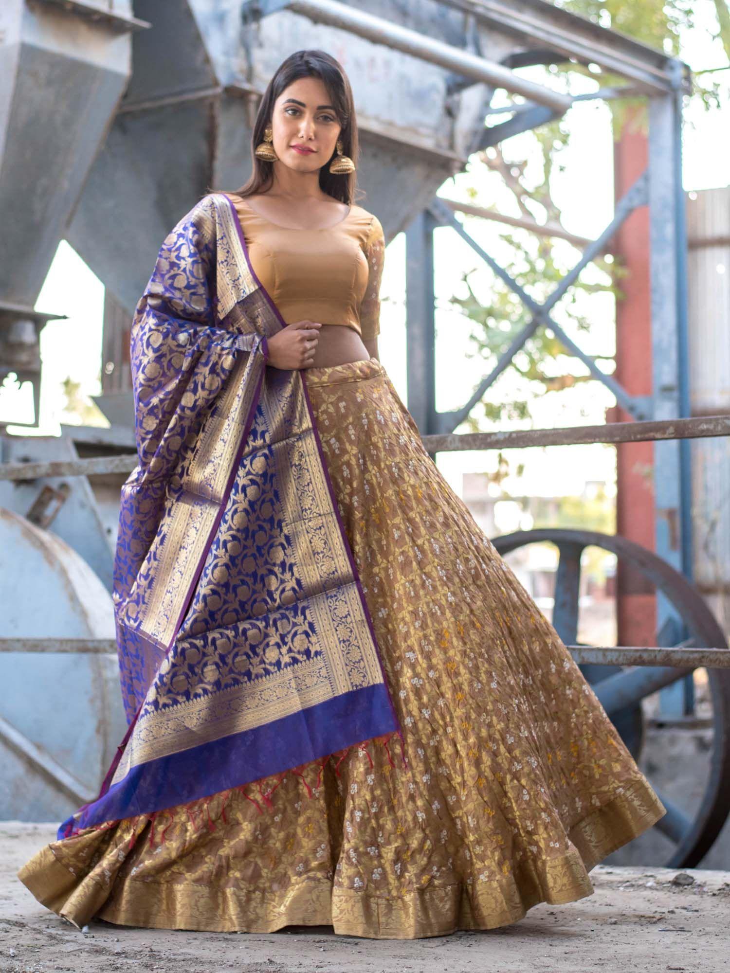 golden beige lehenga set with purple banarasi dupatta