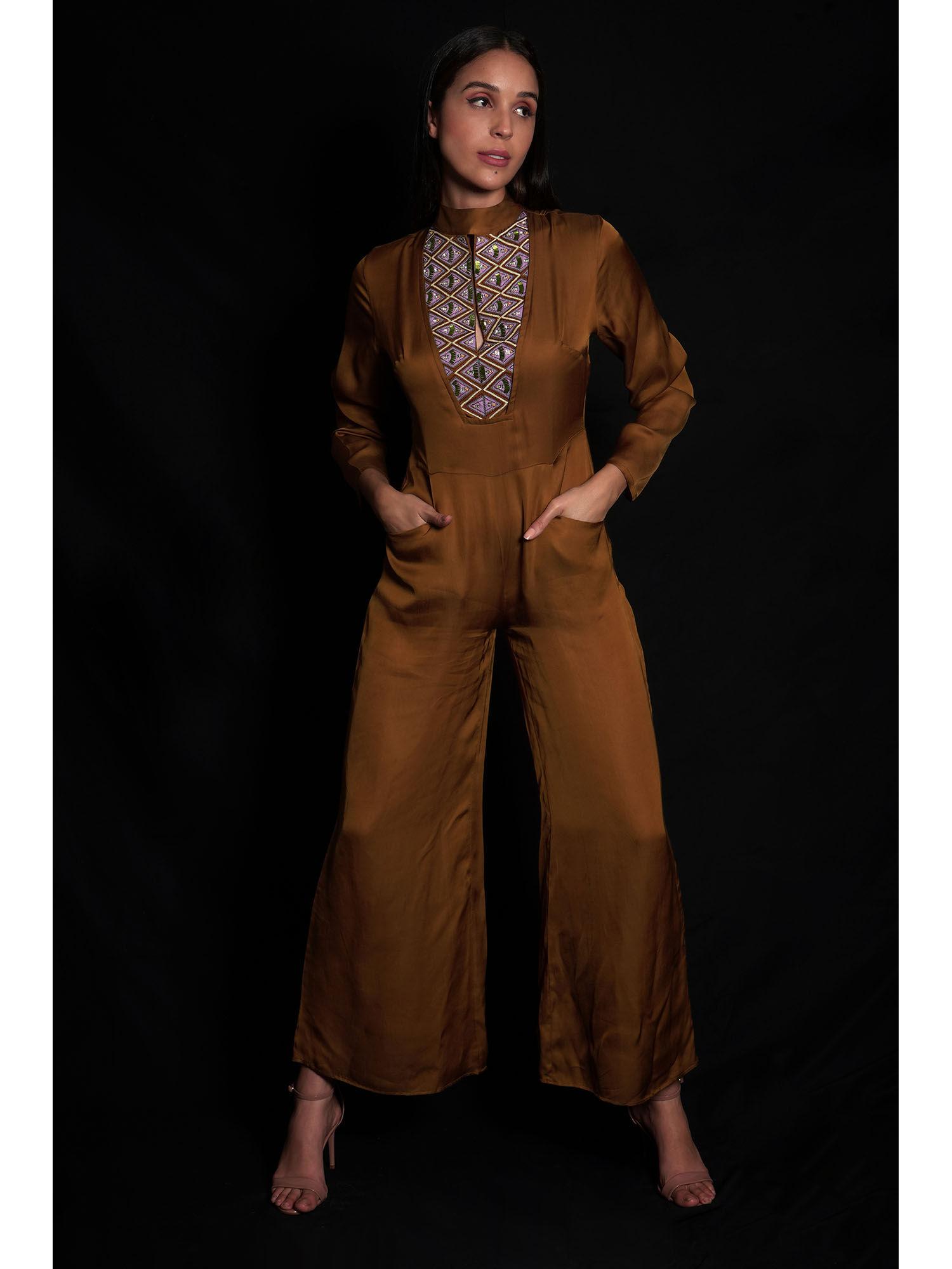 golden brown embroidered jumpsuit