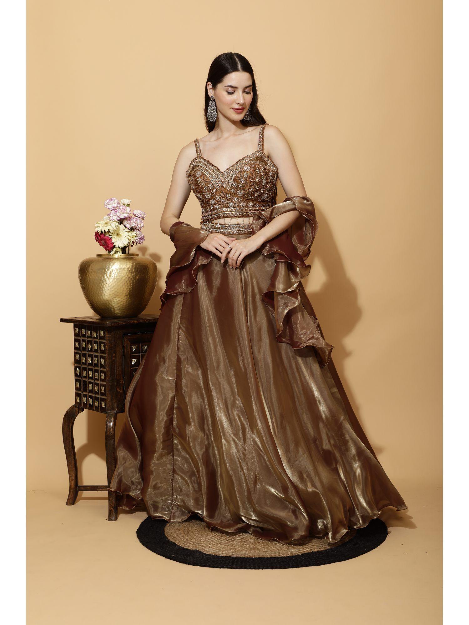 golden crop top and skirt with ruffle dupatta (set of 3)