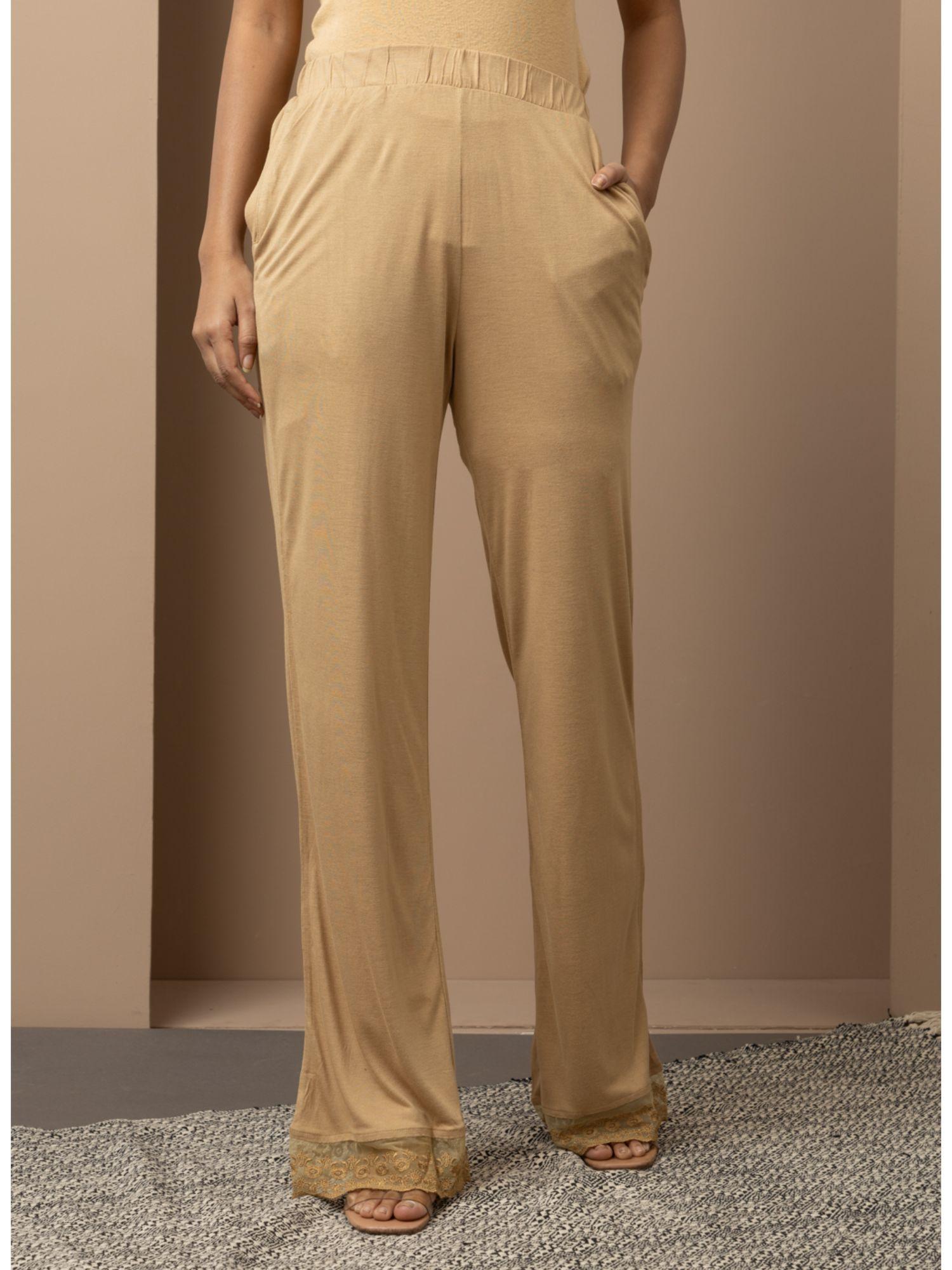 golden elastic waist palazzo with embroidered mesh hem