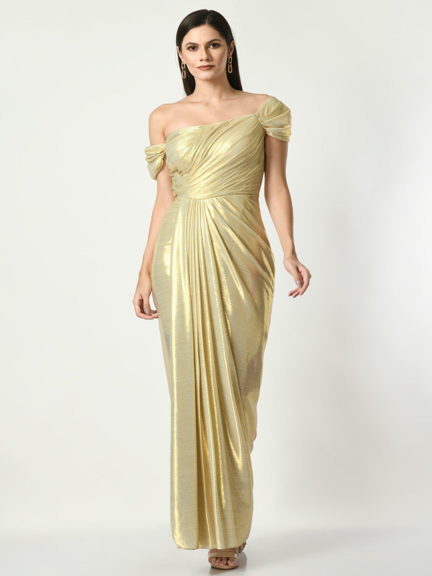 golden glitz n glam draped gown in golden color