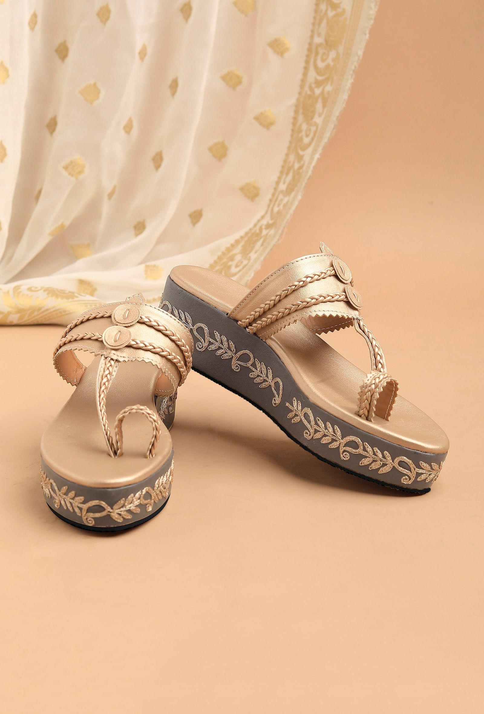 golden hand embroidered kolhapuri inspired wedges