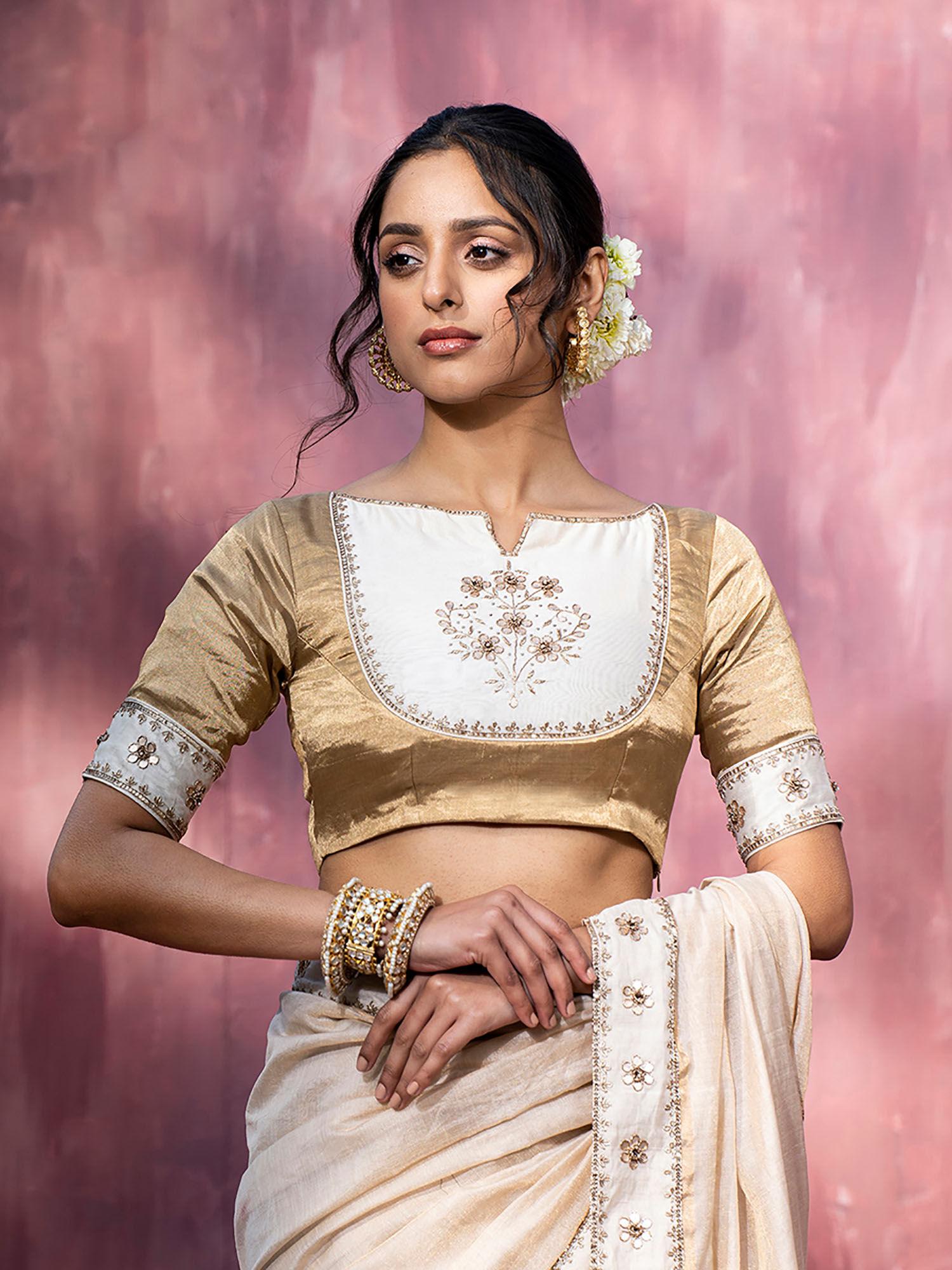 golden hand embroidered tissue and chanderi silk blouse with gota patti