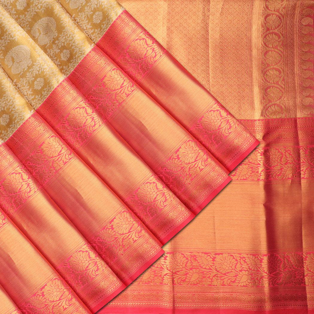 golden kanjivaram silk saree with floral and mayil motifs