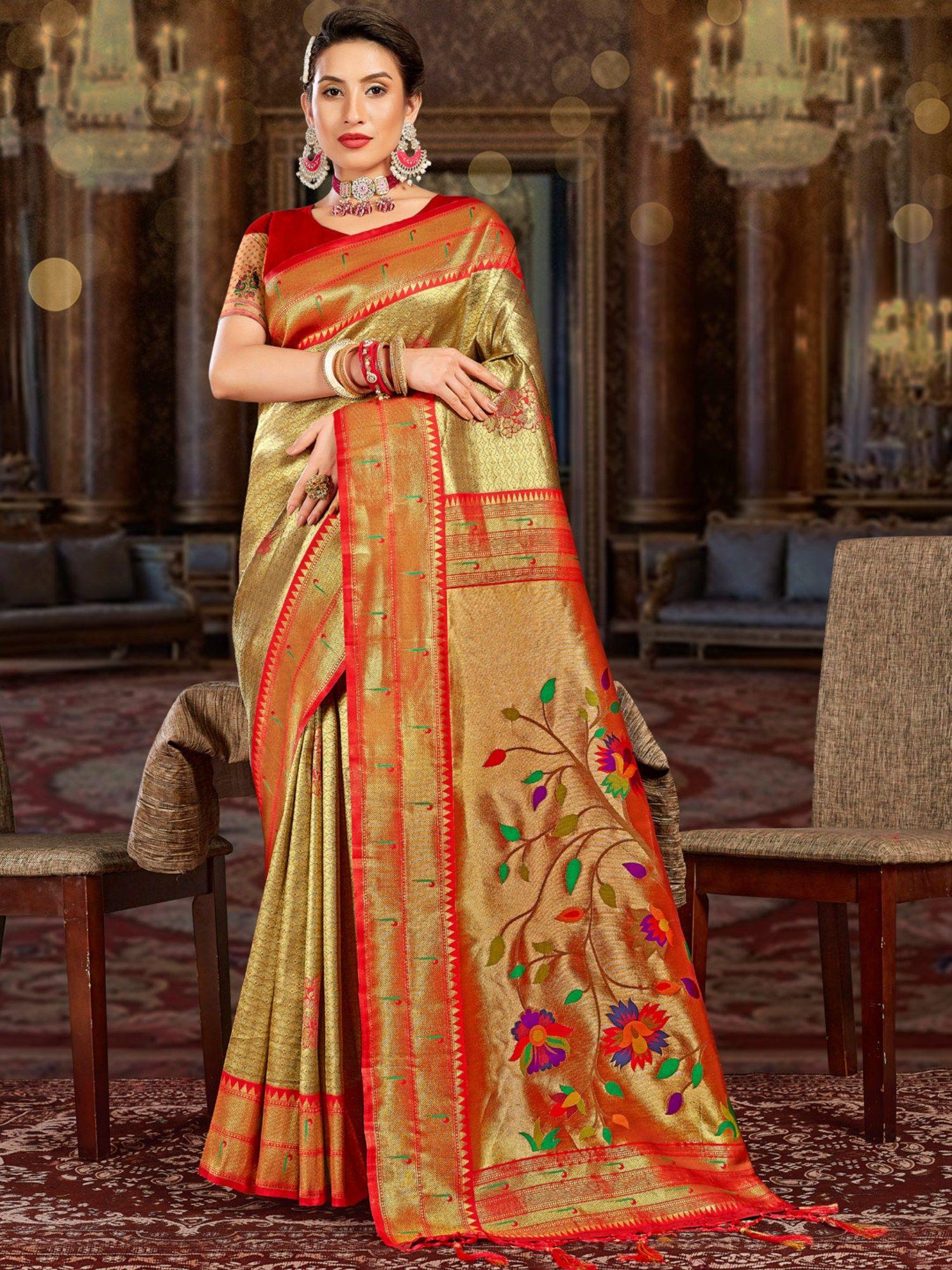 golden kanjivaram silk woven tassels work saree with unstitched blouse