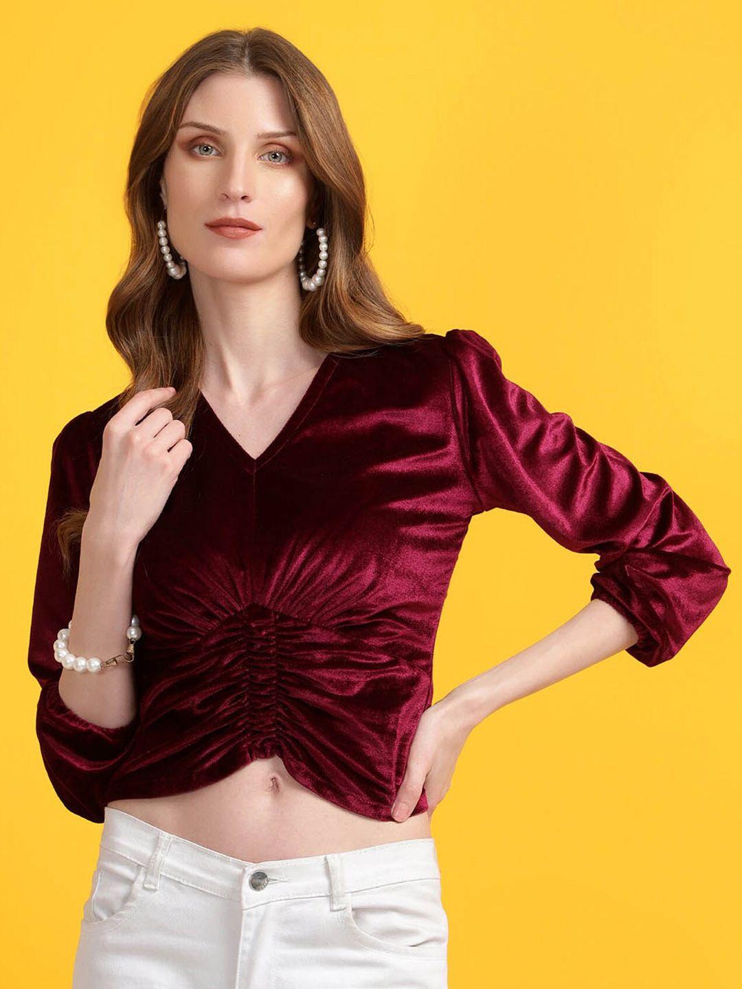 golden kite v-neck puff sleeve gathered velvet crop cinched waist top