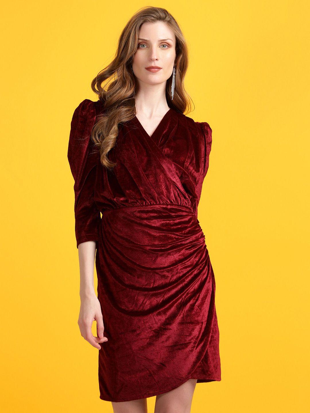 golden kite v-neck puff sleeves gathered detail velvet sheath dress