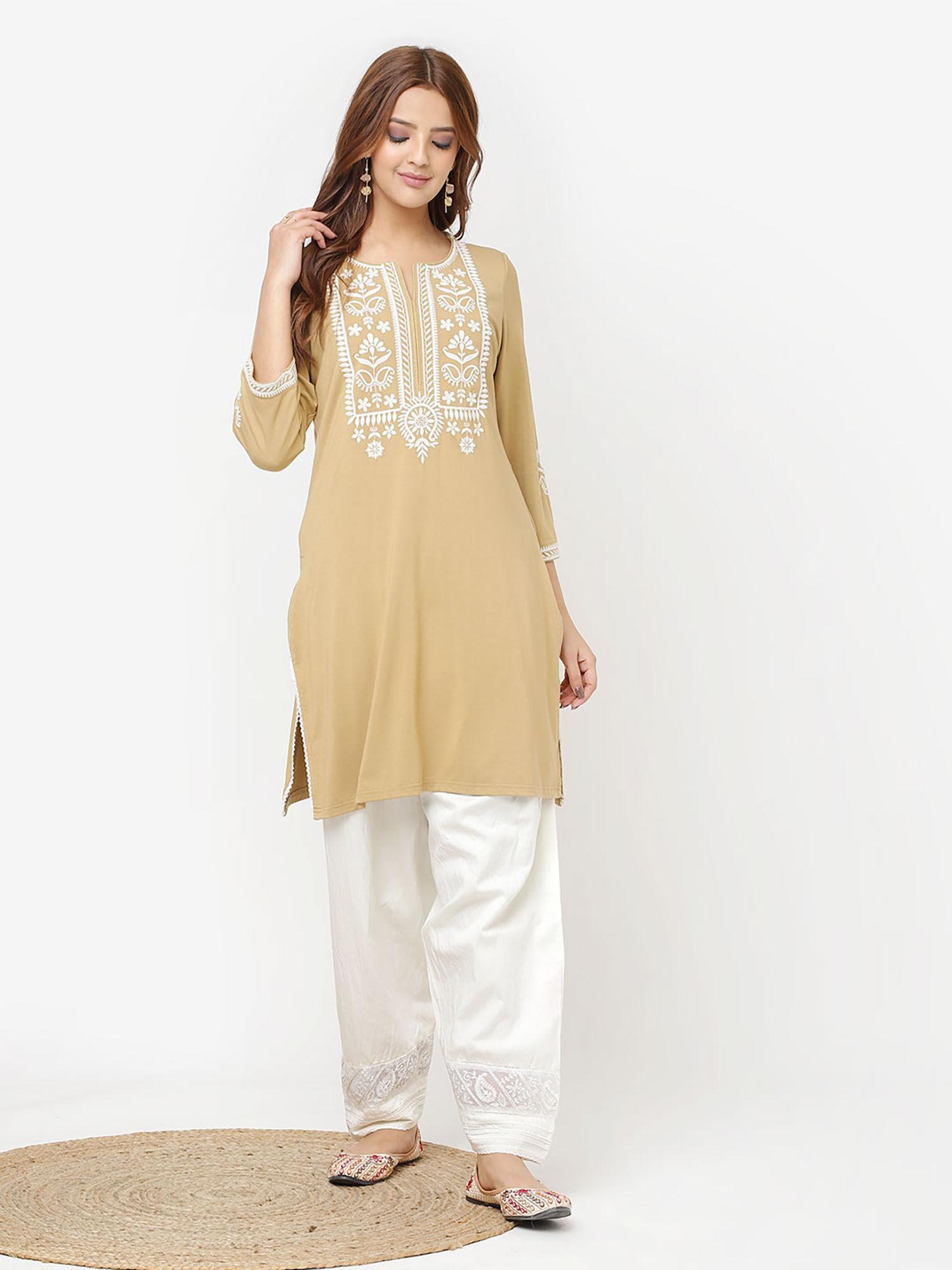 golden kurta for women with thread work & lace detailing